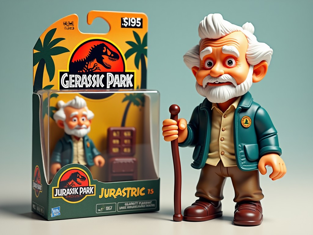 A cartoonish toy figure resembling an elderly man with a beard, styled like a character from Jurassic Park, packaged in a colorful box labeled 'Gerassic Park'.