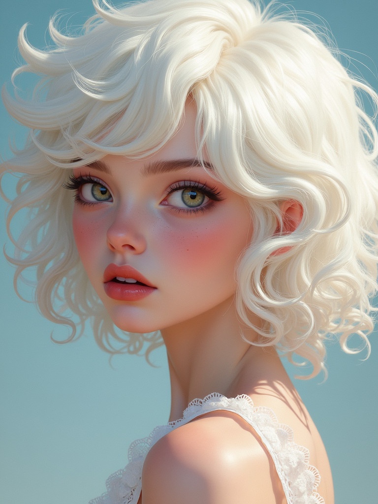 Digital artwork showing a young woman with curly white hair. The image features a beautifully illustrated figure with expressive eyes and delicate features. The background has a soft pastel tone.