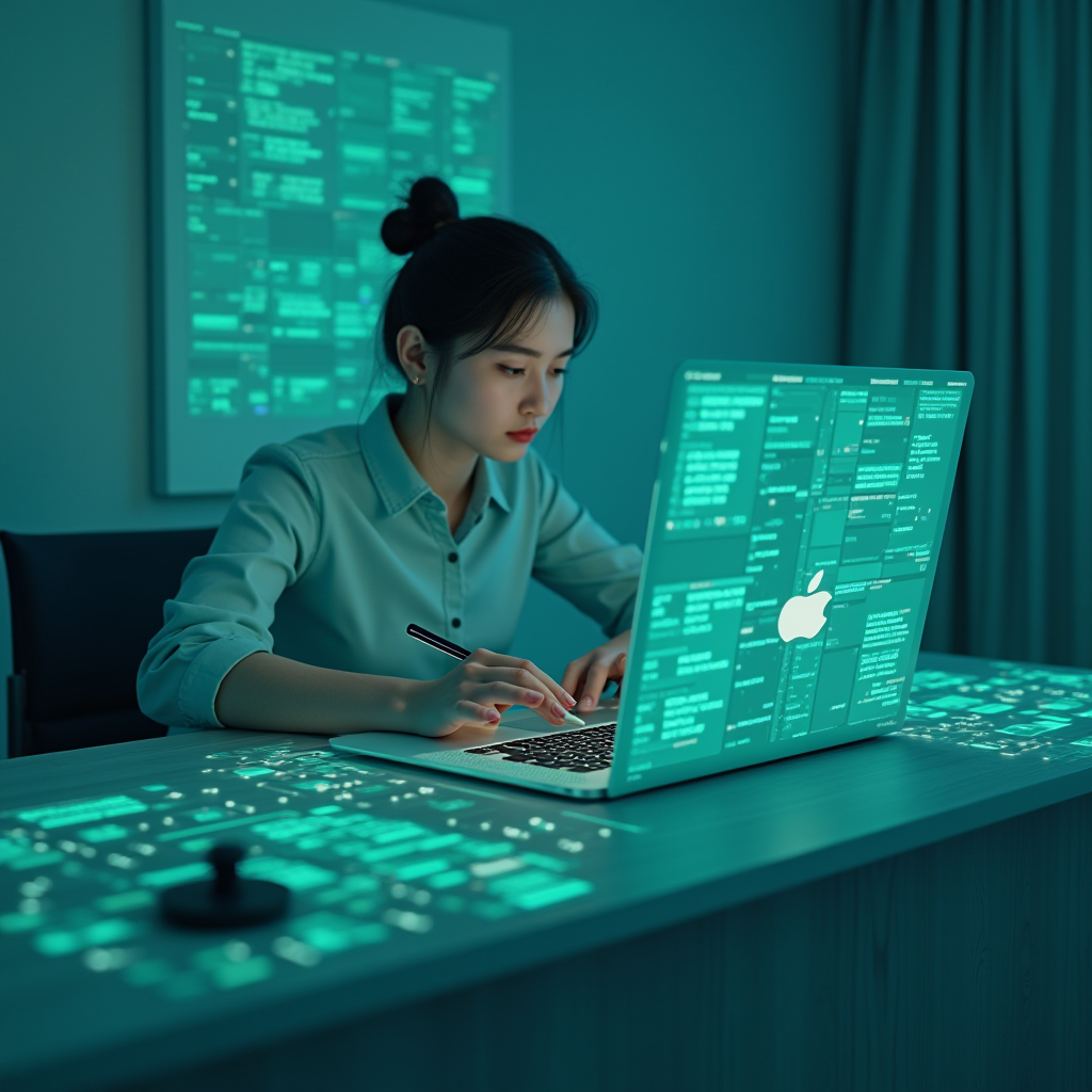 A woman works intently on a laptop in a dimly lit room, with digital interfaces projected around her, casting a futuristic glow.