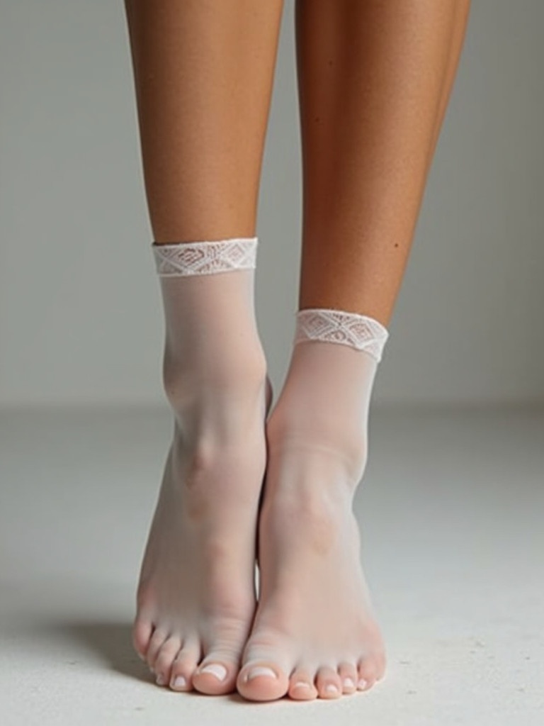 Female feet shown in clear nylon socks. Soft focus on the legs highlighting a delicate appearance. Clean background enhances the visual appeal. Perfect for fashion-themed imagery.