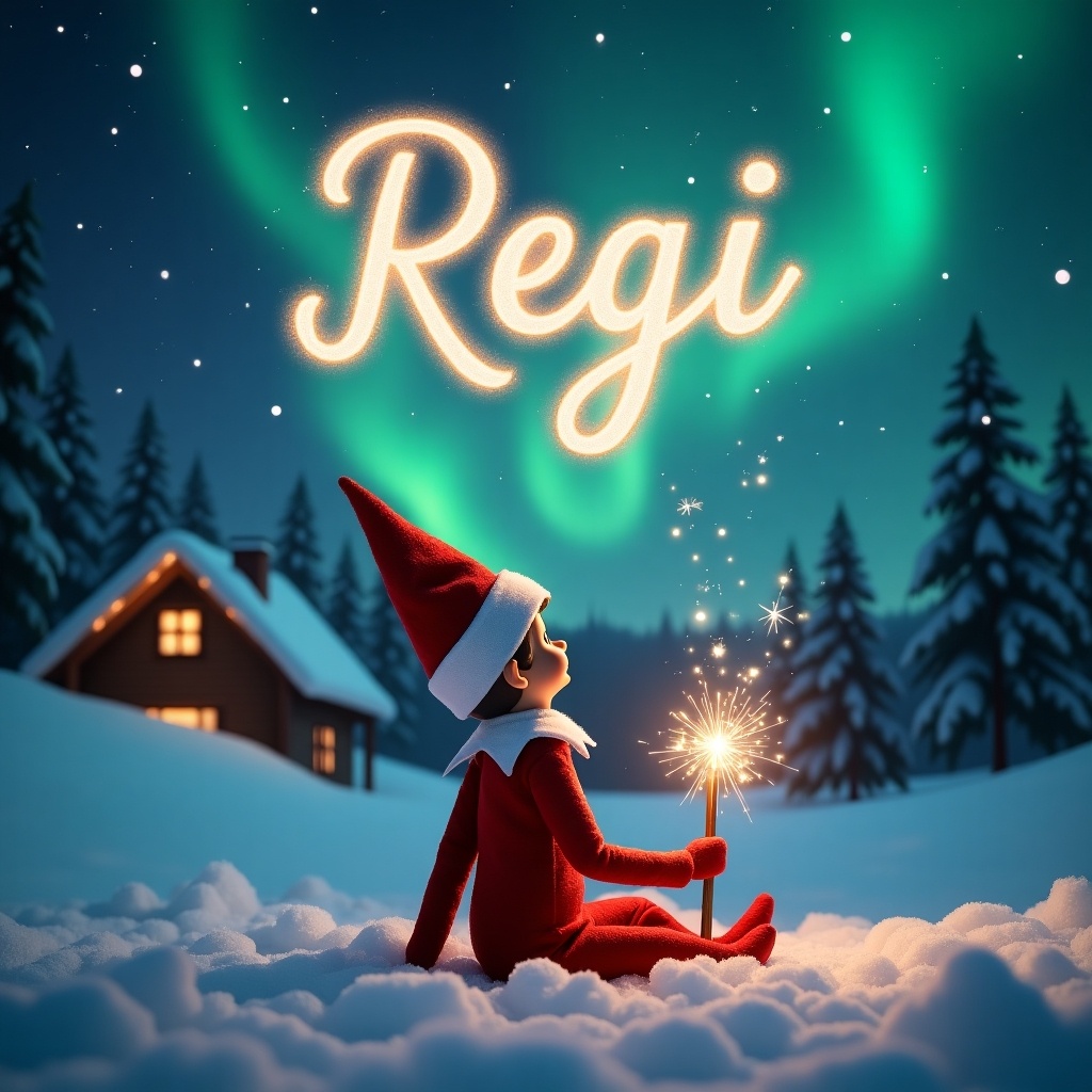 In a snowy landscape, an elf on the shelf sits peacefully on the ground. He faces away from the viewer, gazing upwards with wonder. In his hand, he holds a sparkling magic wand that casts light into the night sky. Above him, the name 'Reggi' is displayed in elegant, shimmering letters. The background features the vibrant colors of the northern lights, creating a whimsical atmosphere. A cozy cabin can be seen in the distance, adding to the holiday spirit. The entire scene embodies the warmth and joy of the Christmas season.