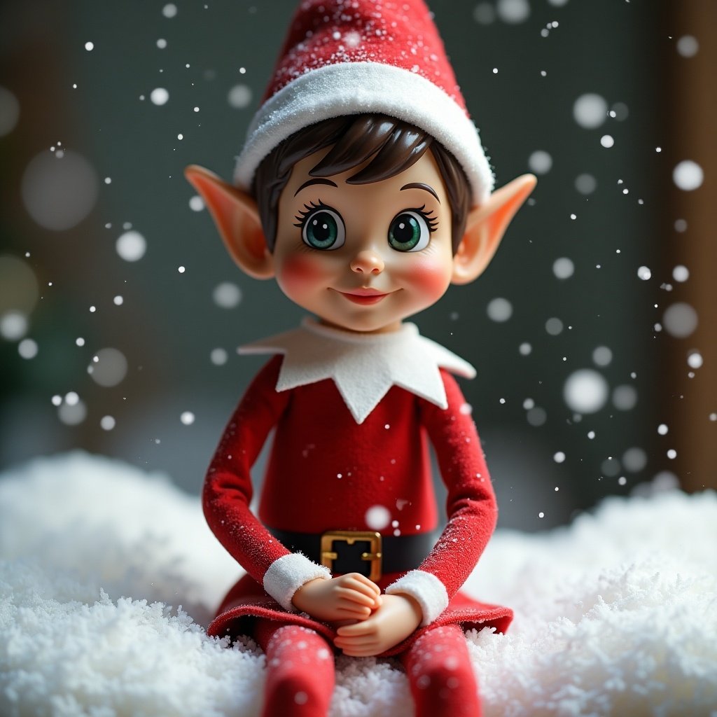 An elf with dark skin and brown hair writes the name Axle in the snow. The elf is in a joyful pose wearing a red outfit. Snowflakes gently fall around the character in a wintery setting.