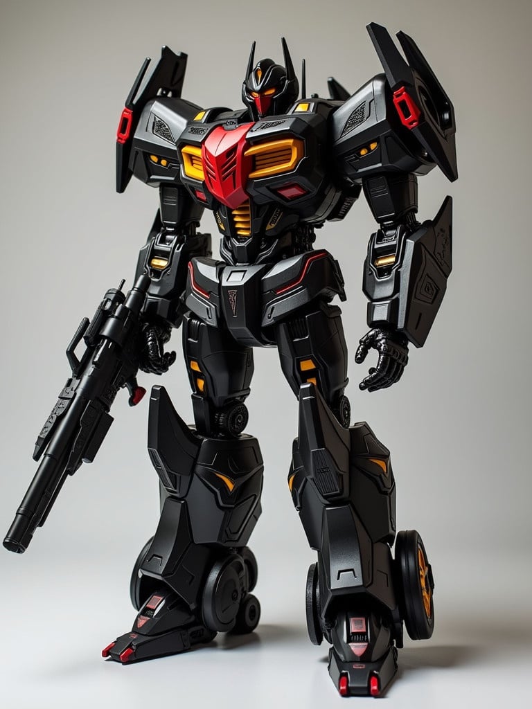 A seeker style transformer figure mostly in black with red and yellow details. The transformer has a sturdy pose with a weapon in the right hand. The background is minimal to emphasize the figure.