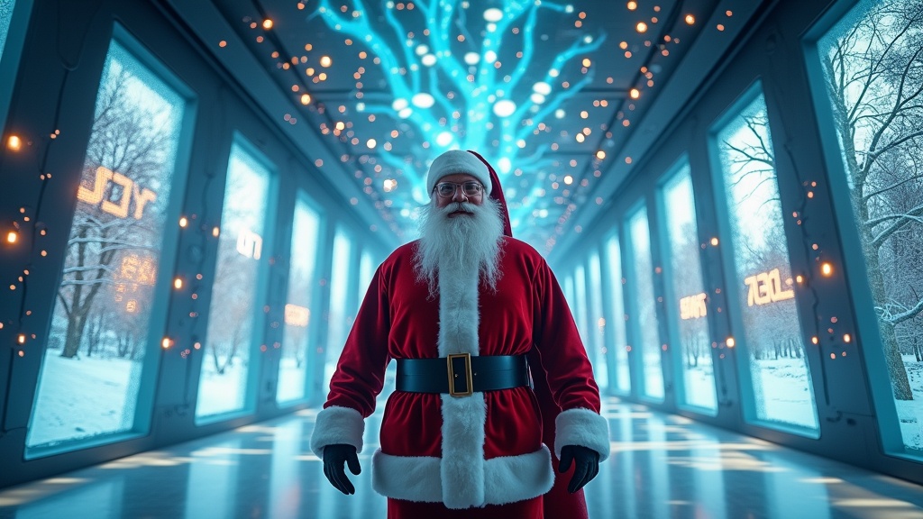 Cinematic portrayal of Santa Claus in a futuristic room. Surroundings include holographic designs and glimpses of nature. The scene is illuminated with bright, glowing elements. Santa is depicted in hyperrealistic detail, providing a warm holiday atmosphere.