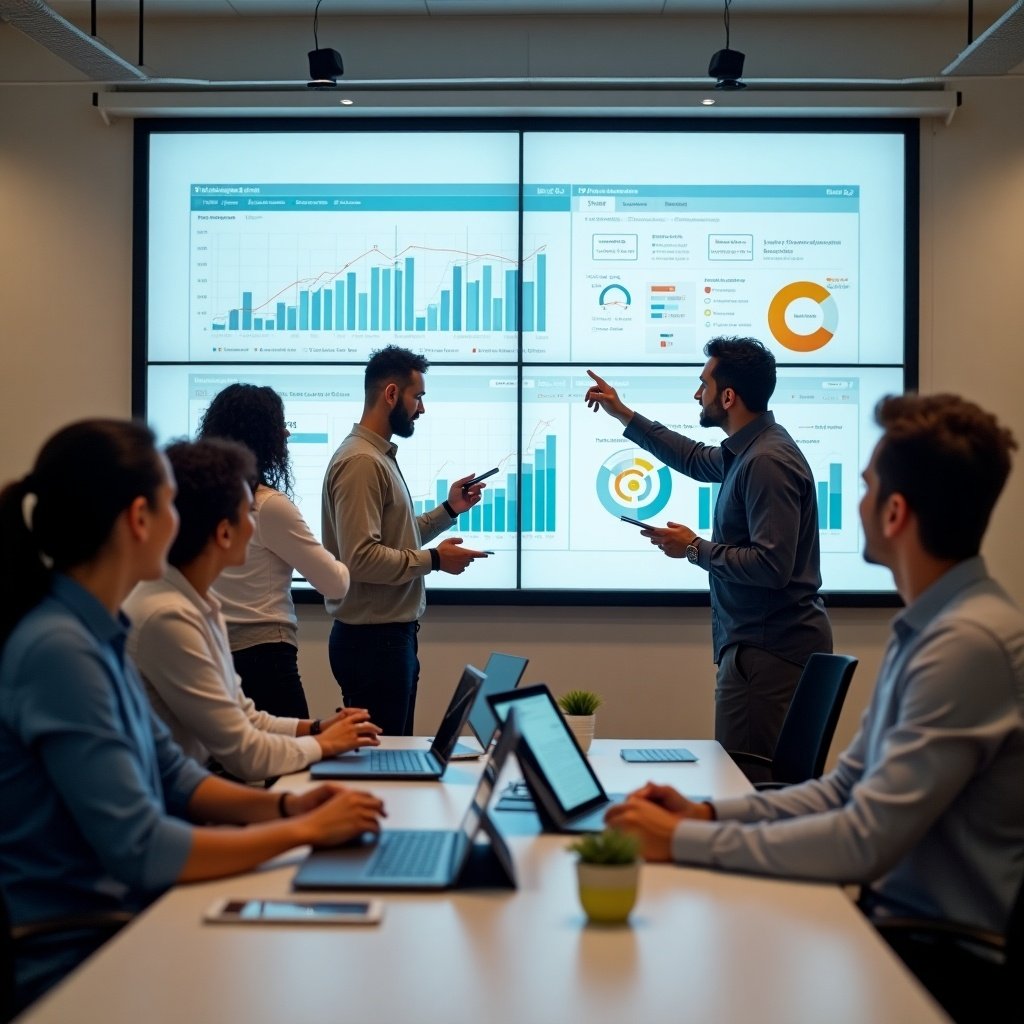 Image portrays group engaged in data analysis. Team focusing on digital tools displaying various charts. One member points at a chart, another takes notes on a tablet. Organized workspace features a laptop and a plant. Interaction highlights teamwork and creativity in a contemporary office.