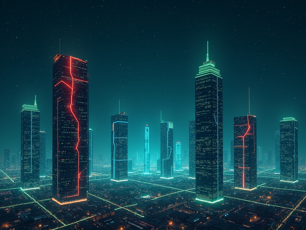 A starry night sky with dark blue background. A futuristic cityscape showcases tall corporate buildings. Buildings have glowing green and blue digital lines. Red cracks are seen on the structures indicating breaking apart.