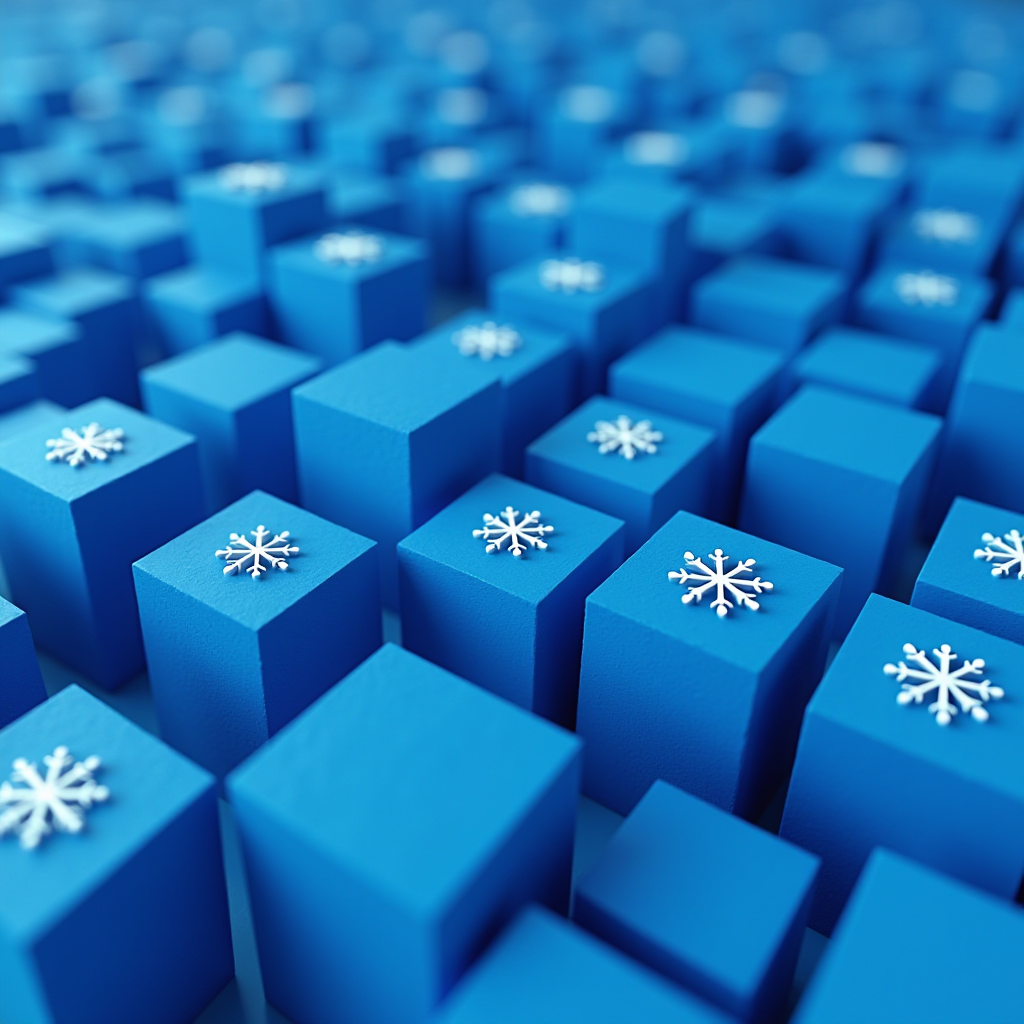 A grid of blue cubes adorned with delicate white snowflakes.