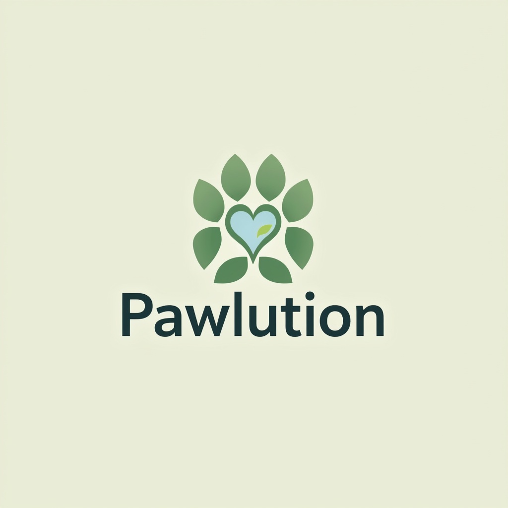 Design a logo for brand Pawlution. Incorporate a paw print with eco-friendly elements. Include a heart and leaves to symbolize love for pets. Use clean readable font. Colors should be soft warm tones such as green and blue. Logo design should be modern and memorable.