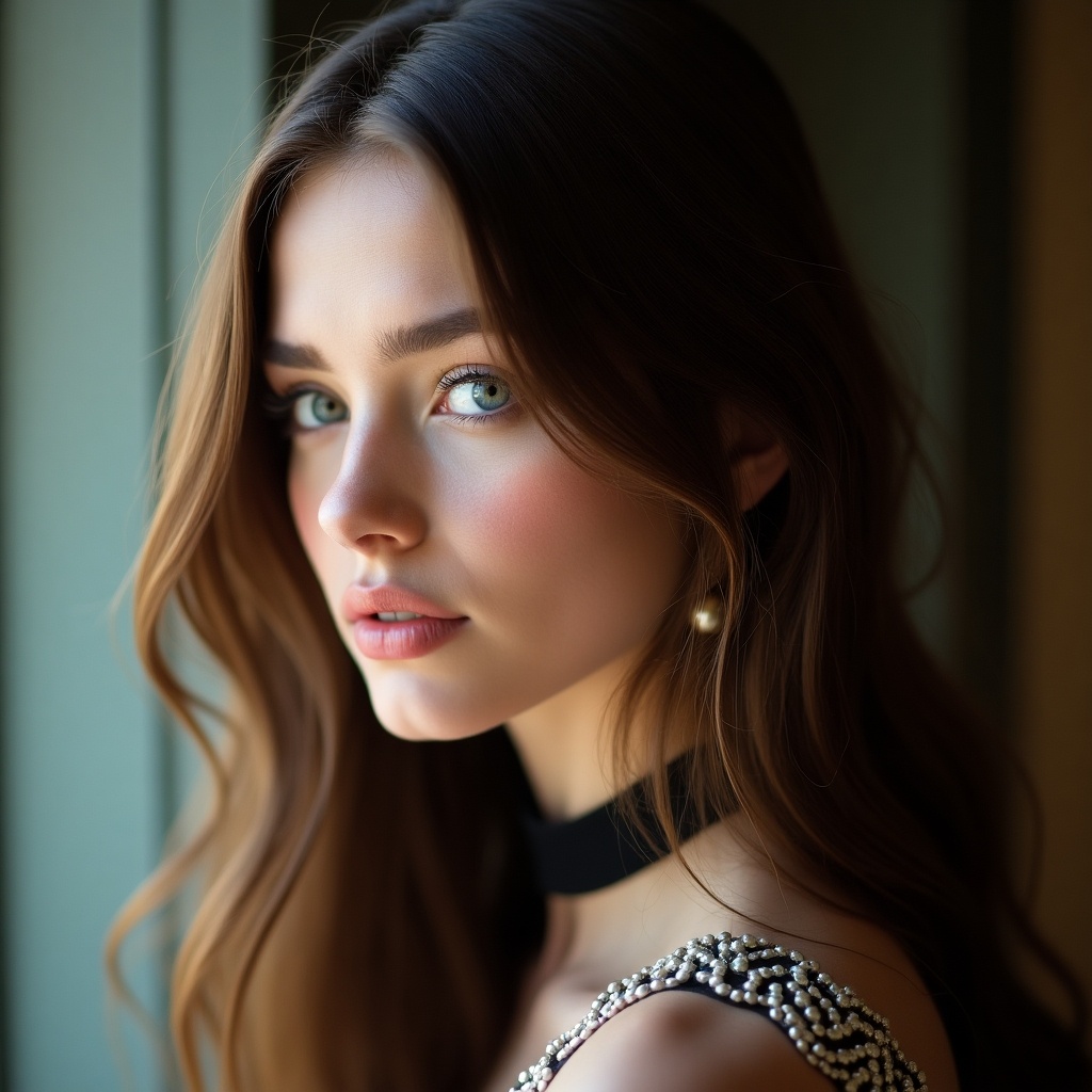 Young woman with long brown hair in profile. Striking blue eyes reflect light. Stylish outfit with a choker and small collar. Softly blurred background emphasizes profile. Expression is serene, suggesting contemplation. Beautiful and sophisticated aesthetic.