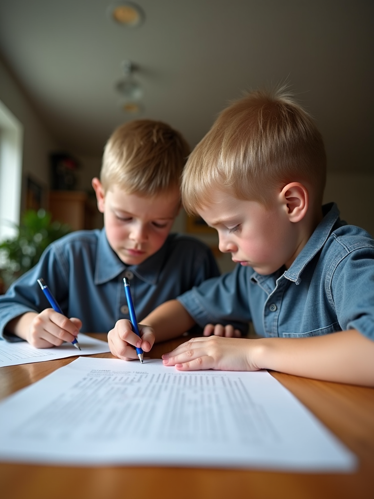 Two young boys, in similar shirts, intently working on papers at a wooden table with pens in hand.