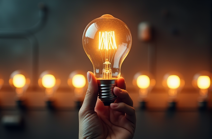 A hand holds a glowing light bulb in front of more lights on a soft-focus background.