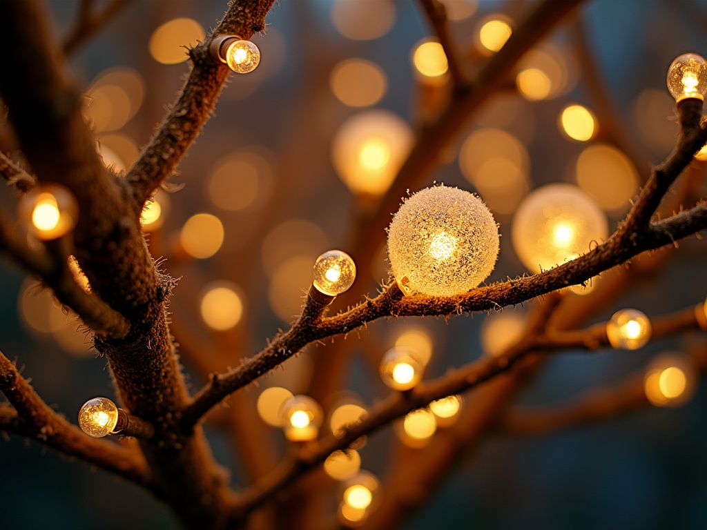 The image showcases a close-up of tree branches adorned with soft glowing string lights. The branches, likely bare due to the season, are illuminated by spherical bulbs, each exuding a warm and cozy golden hue. The background is softly blurred, creating an enchanting bokeh effect that accentuates the warmth and festivity of the scene.