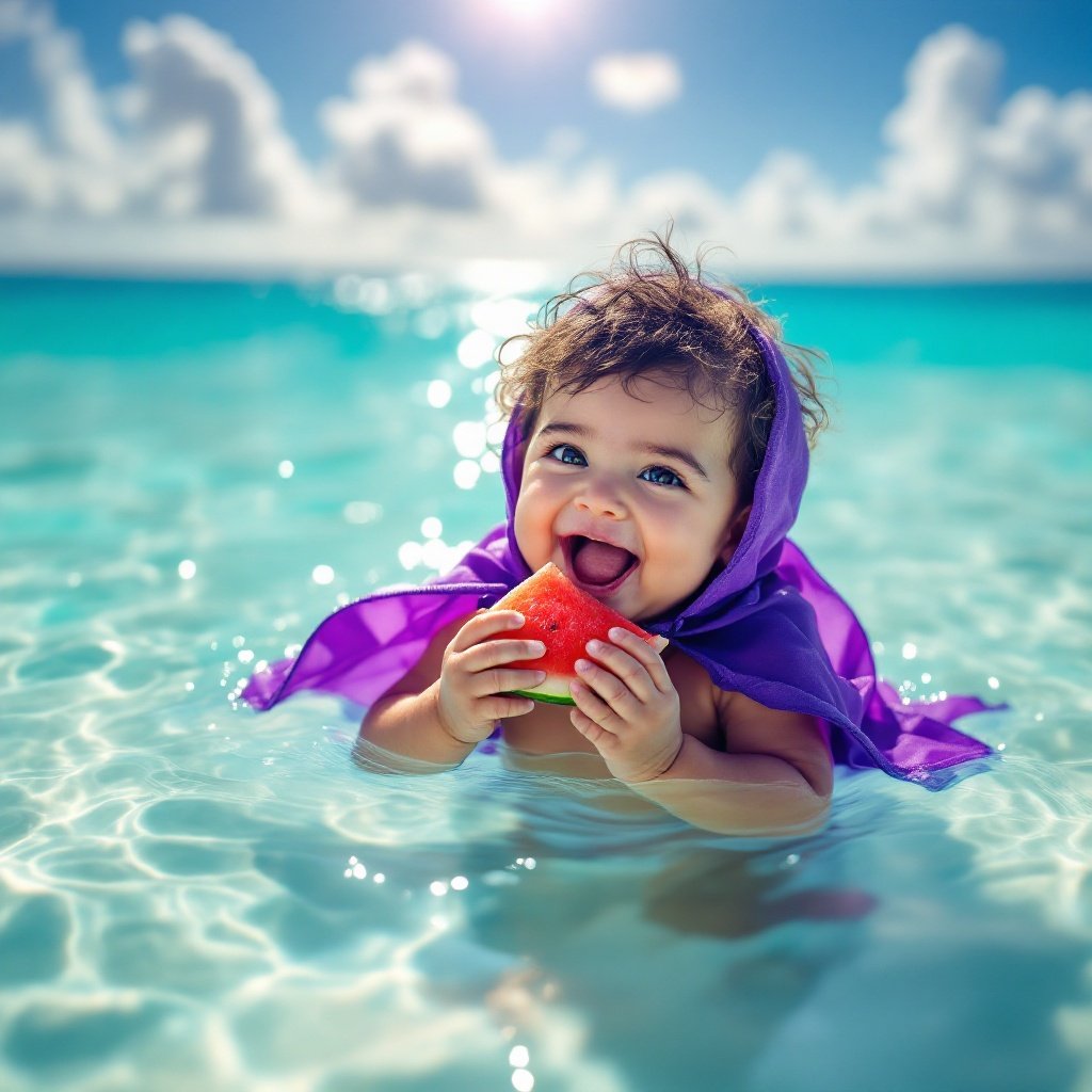 Happy baby dressed in a purple cape floats in the Caribbean sea while enjoying watermelon. Water shimmers under bright sunlight. Sky shows fluffy clouds. Joyful scene of childhood in a tropical paradise.