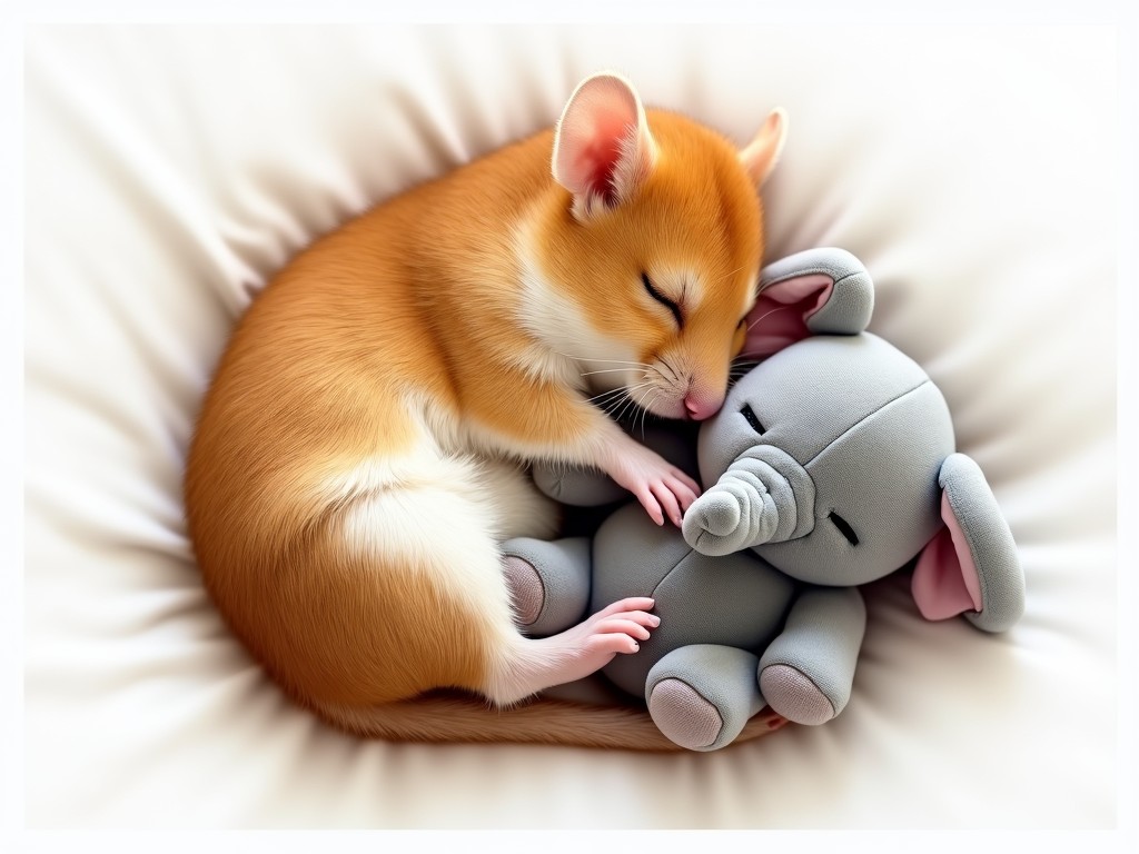 A cute hamster sleeping with a plush elephant toy on a soft pillow.