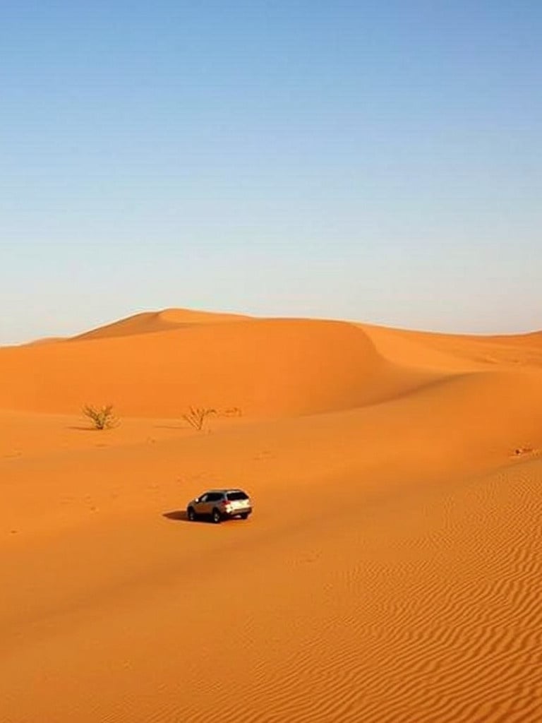 A vast desert landscape in Namibia with golden sand dunes. A single car parked, surrounded by an expansive, clear blue sky. The scene captures the allure of adventure and exploration in nature.