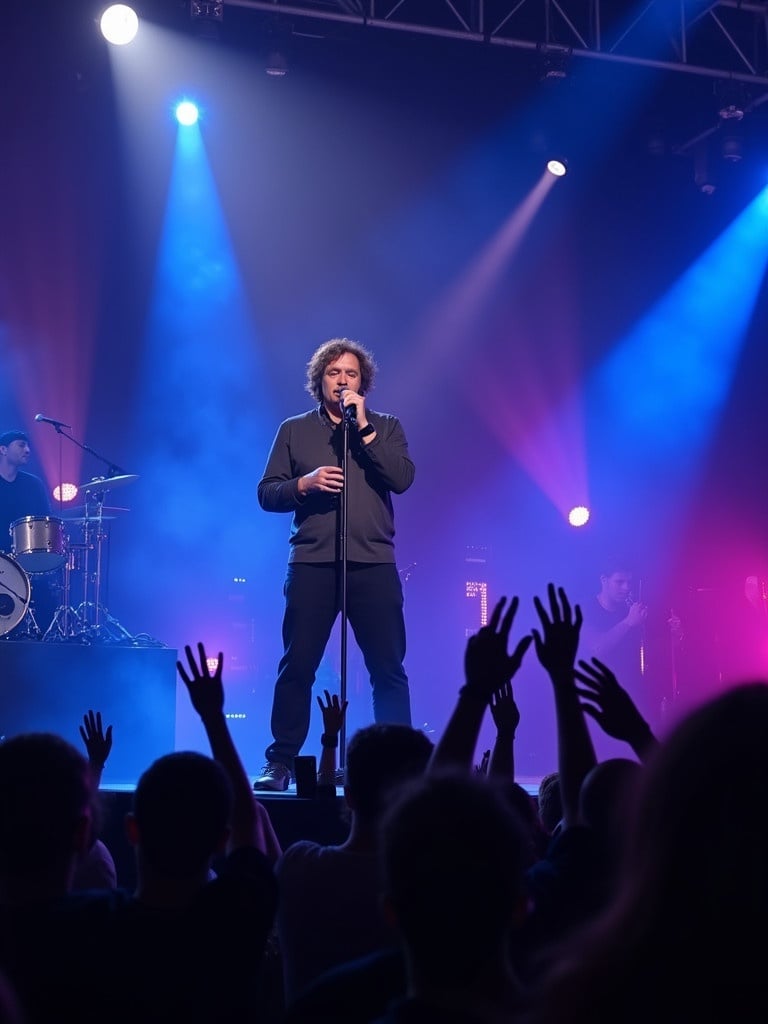 Dynamic concert scene with singer performing on stage. Vibrant blue and pink lights illuminate the singer. The drummer is positioned behind. Audience members enthusiastically raise hands creating lively atmosphere.