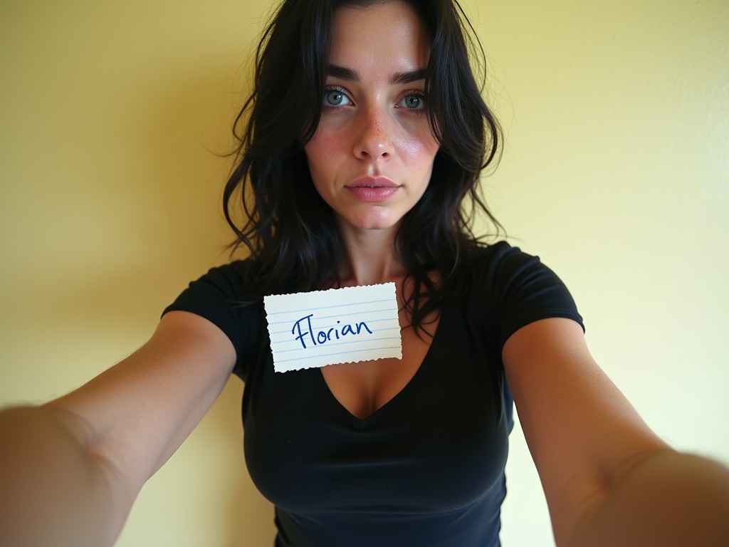 The image is a selfie of a person with long dark hair against a plain yellow background. The individual is wearing a black top and holding a piece of paper with the name 'Florian' written on it near their chest. The lighting is soft and even, highlighting the calm and neutral expression on their face.