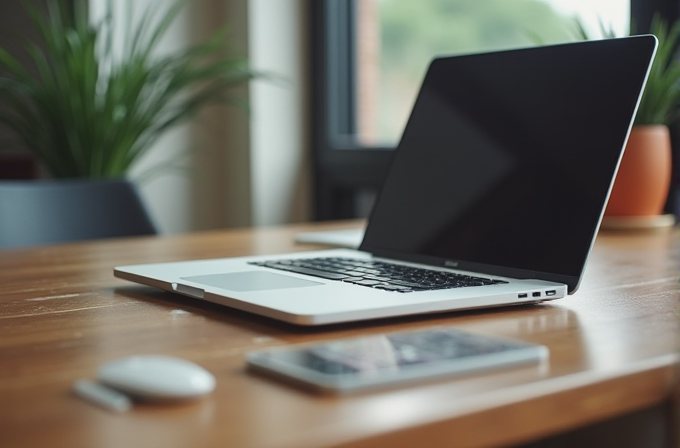 A sleek laptop on a wooden desk surrounded by a smartphone and mouse, with green plants in the background.