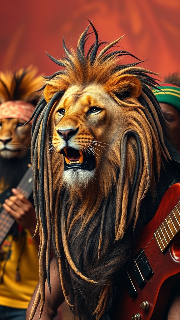 A striking image features a lion with an incredibly detailed mane designed to resemble dreadlocks, holding a bass guitar. The lion is the central figure, exuding a sense of confidence and authority. The background is softly blurred, enhancing the focus on the lion, while another lion can be seen playing an instrument, reinforcing the musical theme.