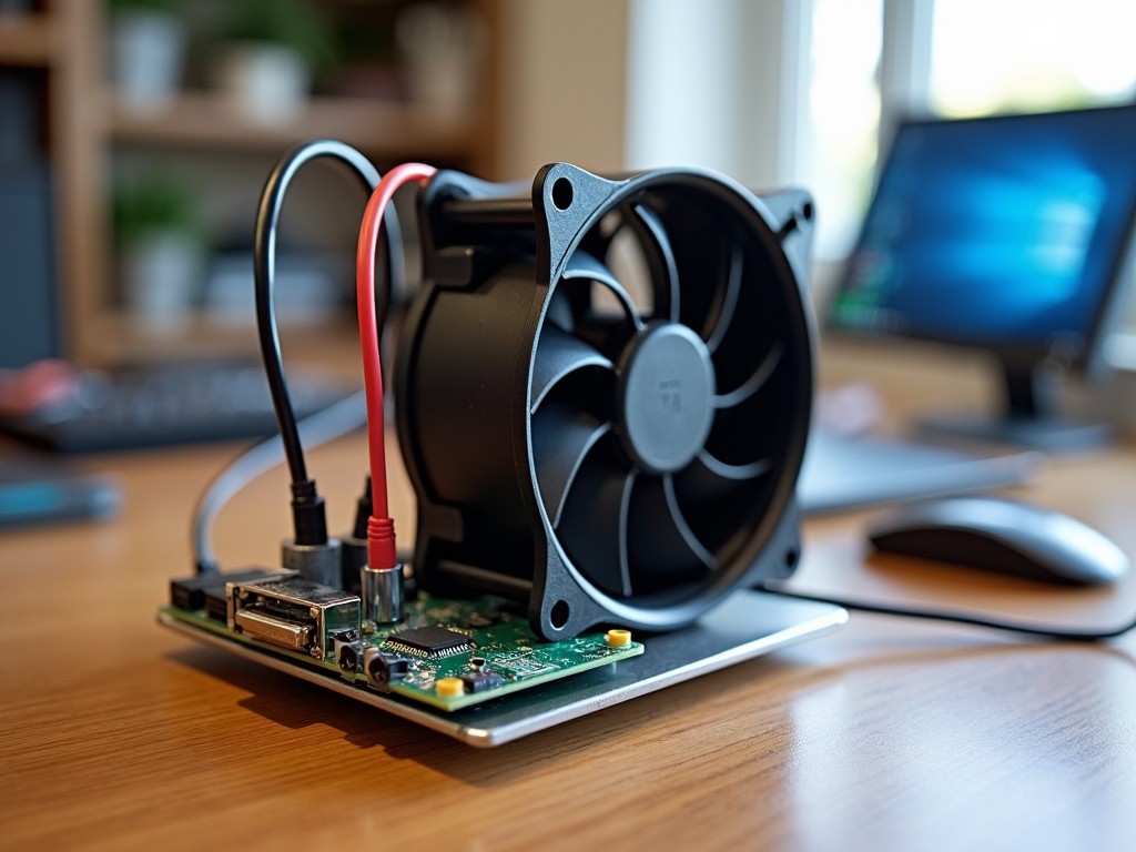 A close-up image of a circuit board with a connected cooling fan, set on a wooden desk in a modern workspace, with a blurred background featuring a computer and office peripherals.