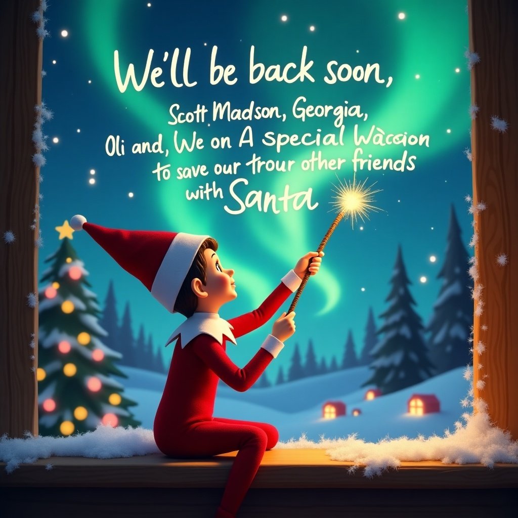 Elf sitting looking at northern lights. Elf holds glowing wand. Message in the air says we will return soon for holiday mission with Santa.