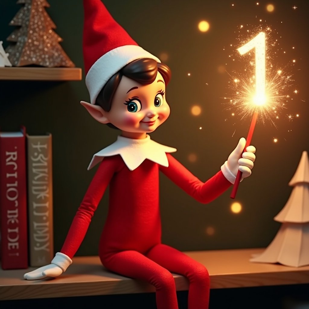 Image of a charming red girl elf on a shelf for the holiday. She wears a classic red outfit with white accents and has a joyful expression. A glowing wand emits sparkling light. Warm lighting enhances her cheerful demeanor and festive aura. The background is blurred to emphasize the elf.