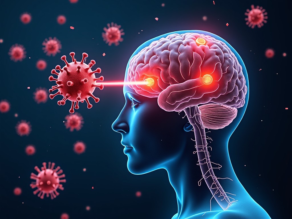 This image depicts a digital representation of a human head in profile, focusing on the brain. The brain is highlighted with bright red areas showing points of activity, likely where a virus is attacking. A red virus, resembling the COVID-19 virus, is shown approaching the brain with a laser-like focus. The background features a dark tone with scattered representations of viruses, enhancing the theme. This graphic embodies the concept of viral impacts on human brain health.