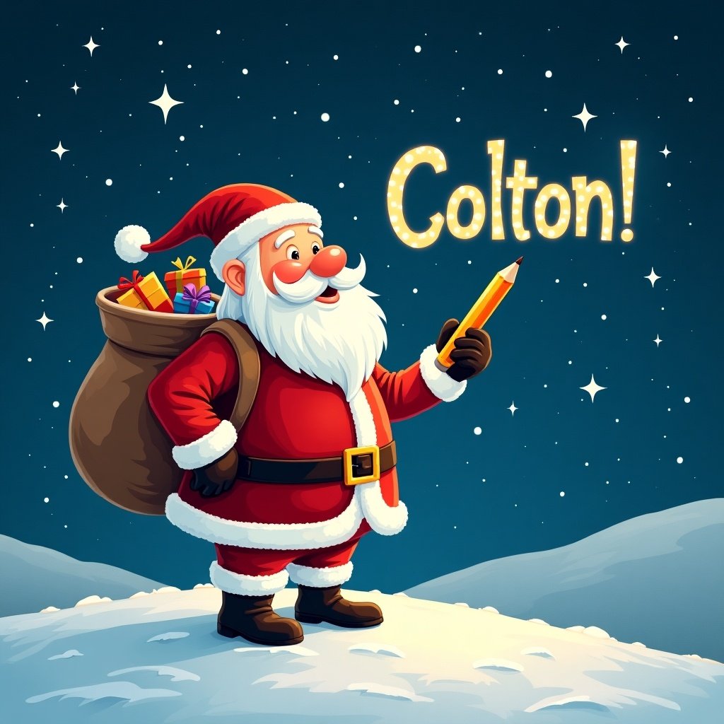 Santa Claus stands on a snowy hill under a starry sky. He holds a pencil and writes names in the sky. Large sack of gifts on his back. The night is bright with twinkling stars. The name 'Colton!' is displayed in a whimsical font.