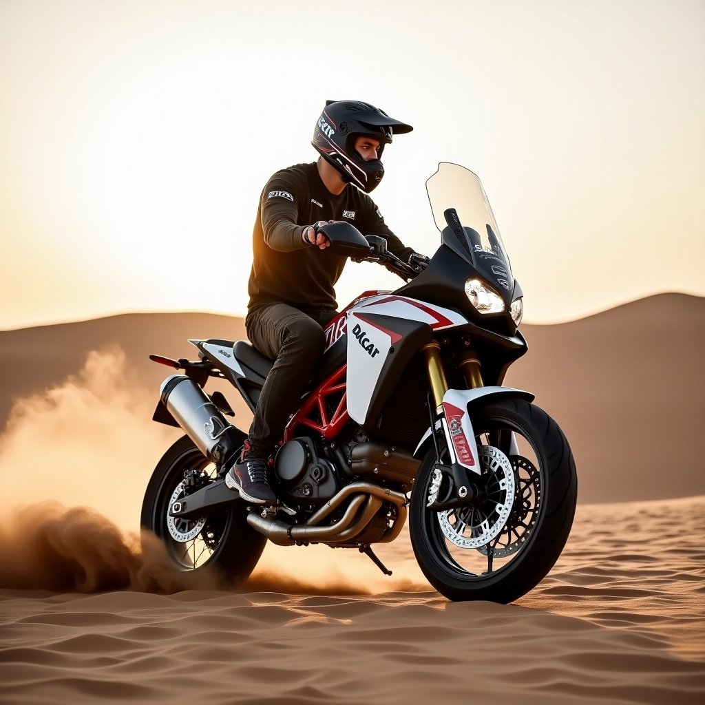 Ducati DesertX riding off-road in the desert. Dynamic action on the sand dunes. Motorcycle performance showcased against a desert backdrop.