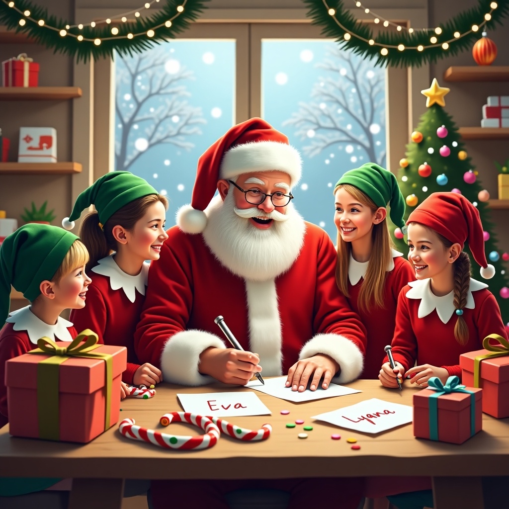 Joyful Christmas scene inside a workshop. Santa Claus surrounded by cheerful elves engaged in festive activities. Elves wearing green hats and red outfits. Santa in classic red suit. Brightly wrapped presents scattered around table. Candy canes and colorful ornaments decorate scene. Snow visible through window. Warm lights enhance festive mood. Santa writing names Eva and Lyana.