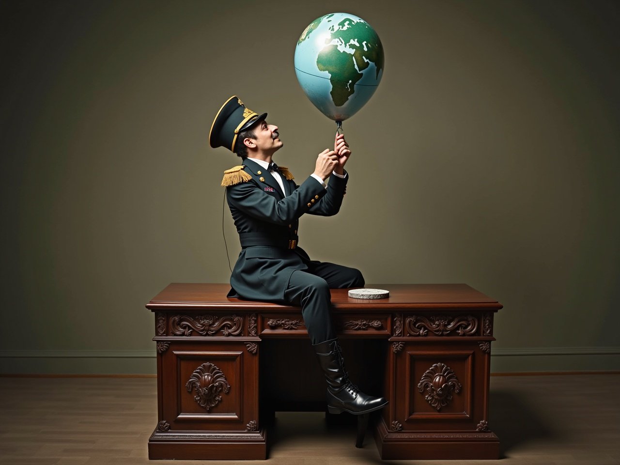 Surreal and theatrical scene inspired by Charlie Chaplin. Soldier in vintage military uniform sits atop ornate wooden desk. Soldier plays with a balloon shaped like Earth. Expression shows balance of power and fragility.