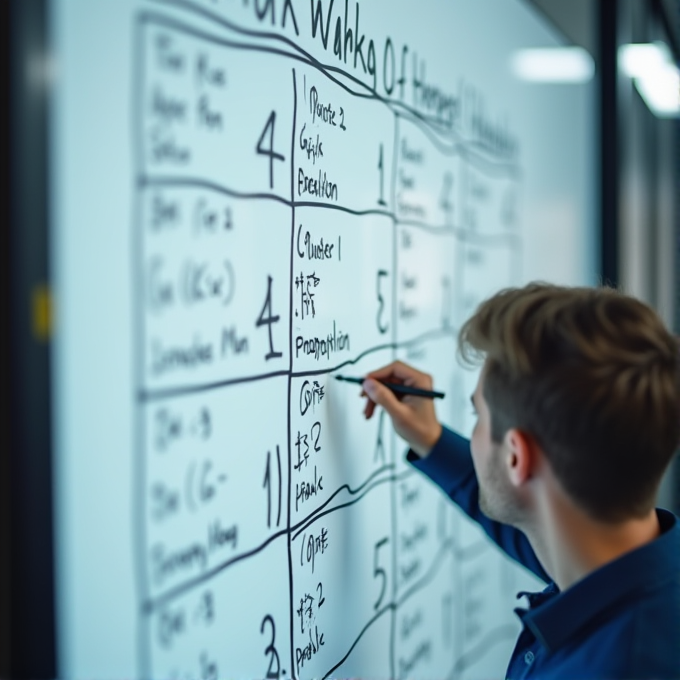 A person writing on a large whiteboard filled with organized lists and notes.