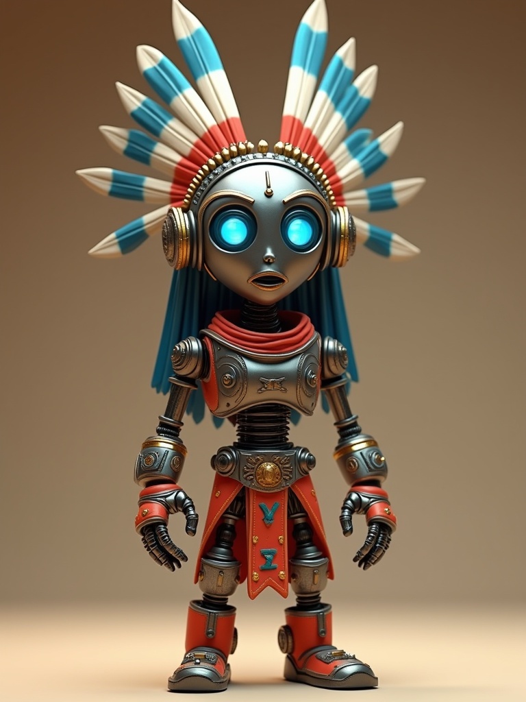 A cute original 3D sci-fi robot in T-Pose with a native Aztec helmet. The robot features long blue and red feathers. The scene represents a realistic design with ancient metal materials. The background has a gradient studio style.