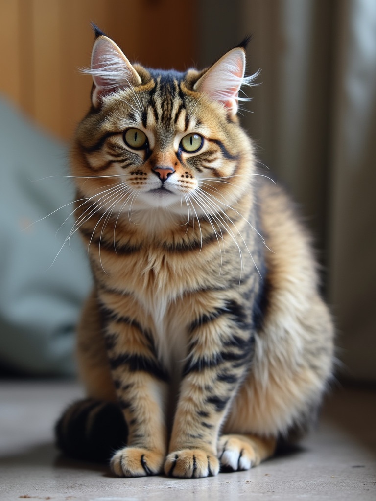 A stunning portrait of a Maine Coon cat sitting elegantly. The cat has a fluffy coat with a beautiful mix of stripes and spots. The eyes are vividly green and attentive. The background is softly blurred with neutral tones, highlighting the cat's beauty.