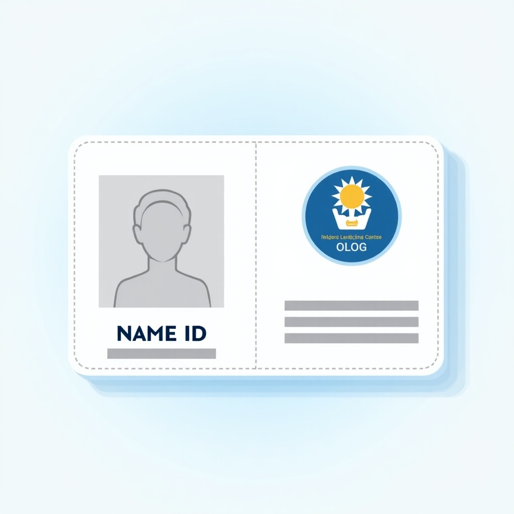 Design concept for an ID card with a space for photo and personal information. Clean blue and white color scheme. Text fields for name and ID number. Includes an official logo. Structured for easy identification.