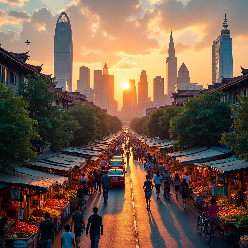 A busy urban street market at sunset with people walking and biking. Skyscrapers are visible in the background. Stalls are filled with fruits and vegetables. Warm lighting creates an inviting atmosphere.