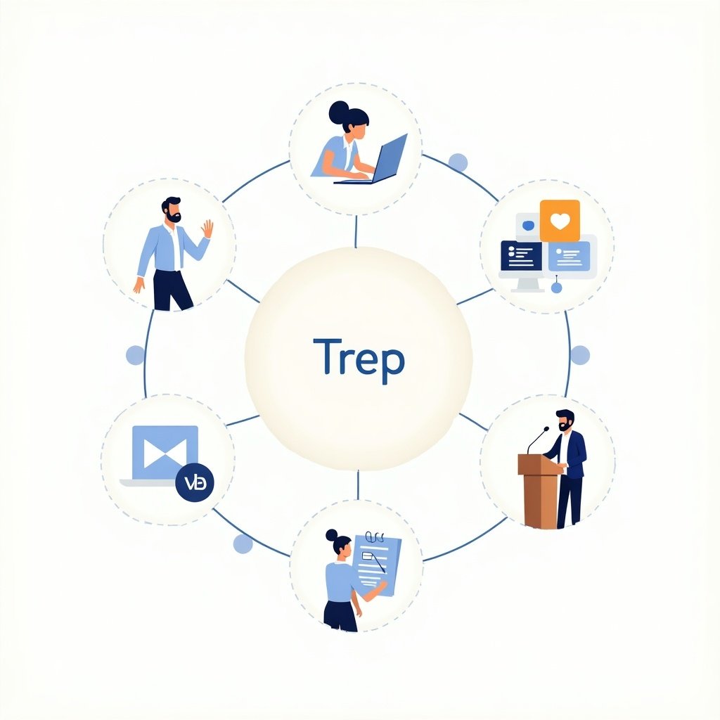 Illustration showing effective communication skills. Central focus on word 'Trep'. Surrounding elements represent various aspects: writing, speaking, technology. Each element has a corresponding icon. Minimalist style with soft colors.