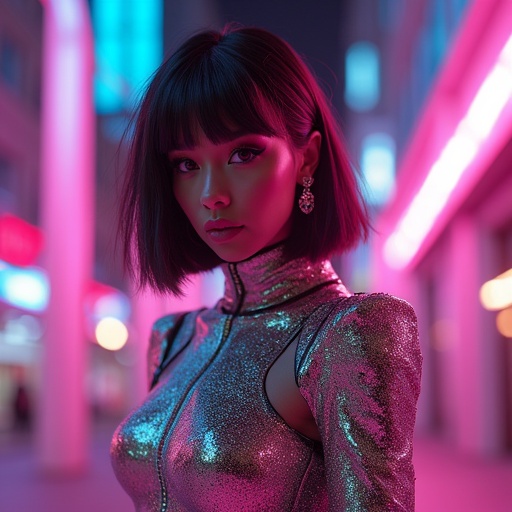 Futuristic avant garde outfit with luxurious details in vibrant neon lights. Model poses confidently in a modern urban environment. High fashion meets street wear with a sculptural design.