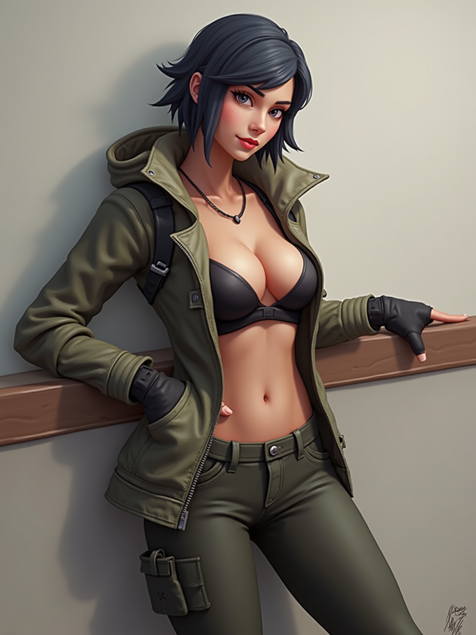 A digital painting of a confident young woman with short dark hair wearing an olive green jacket, black gloves, and cargo pants, leaning against a wall. She is exuding strength and determination.