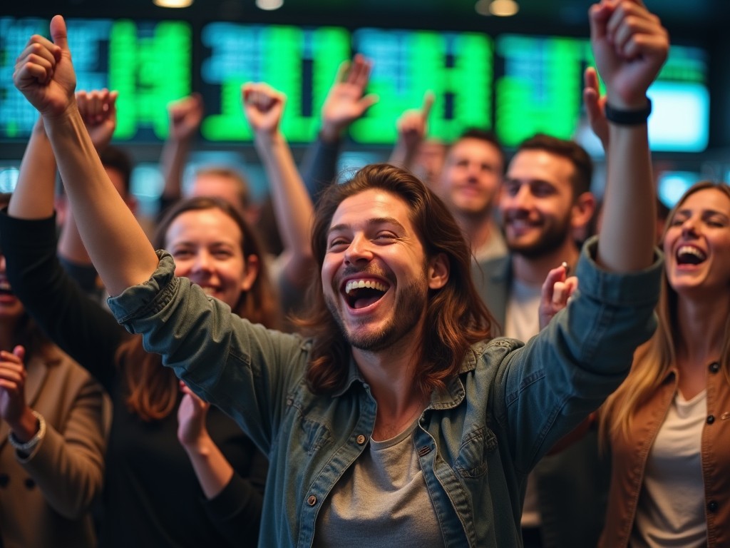 A group of people celebrating in front of a stock market board, expressing joy and success, with bright lighting and a focus on one individual with long hair, smiling and raising fists in victory.