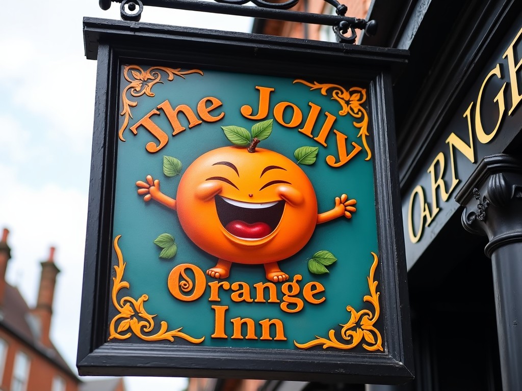 This image presents a vibrant and cheerful pub sign for The Jolly Orange Inn, showcasing a happy orange character with a big smile. The orange is playfully designed, adding a fun element to the sign. Above the orange, the name 'The Jolly Orange Inn' is artistically displayed. The colors used are bright and inviting, making the sign stand out. This sign captures the essence of a whimsical pub atmosphere.