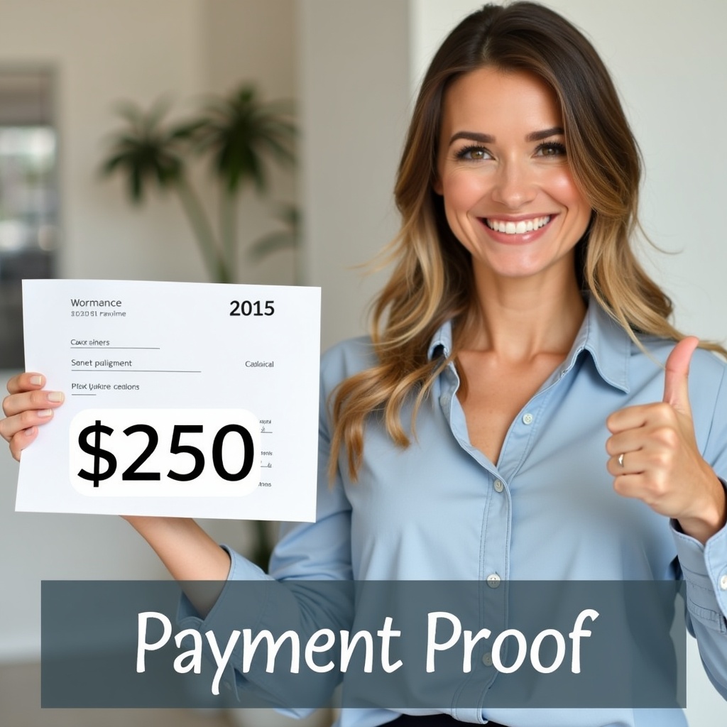 Visual representation of payment proof. Display a $250 receipt. Show a woman confidently holding the receipt. Display a thumbs-up gesture. Maintain a professional and modern background.