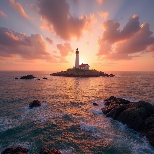 Lighthouse on an island during a vibrant sunset. Dramatic clouds in the sky. Waves crashing on rocky shore. Serene and picturesque coastal landscape.