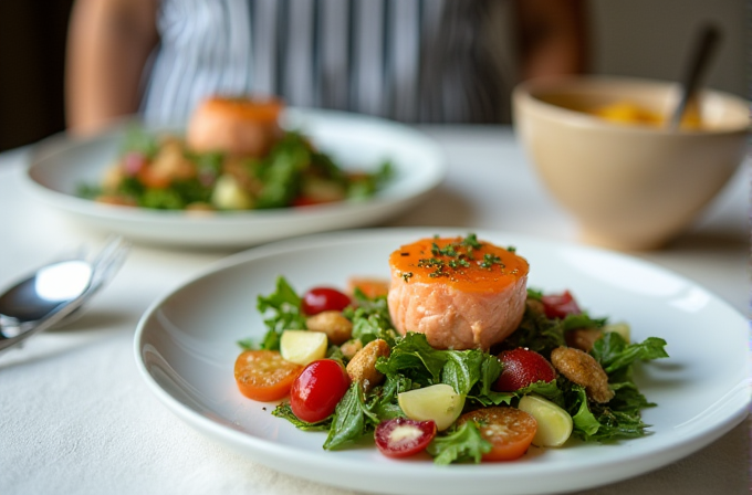 The image shows a beautifully plated salmon fillet atop a fresh salad with colorful cherry tomatoes and greens, accompanied by a bowl of soup in the background.