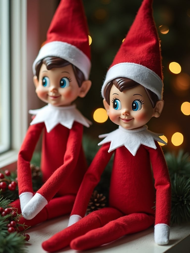 Two Christmas elf dolls dressed in festive costumes. Each elf has distinct features. Cozy holiday environment decor elements are visible.