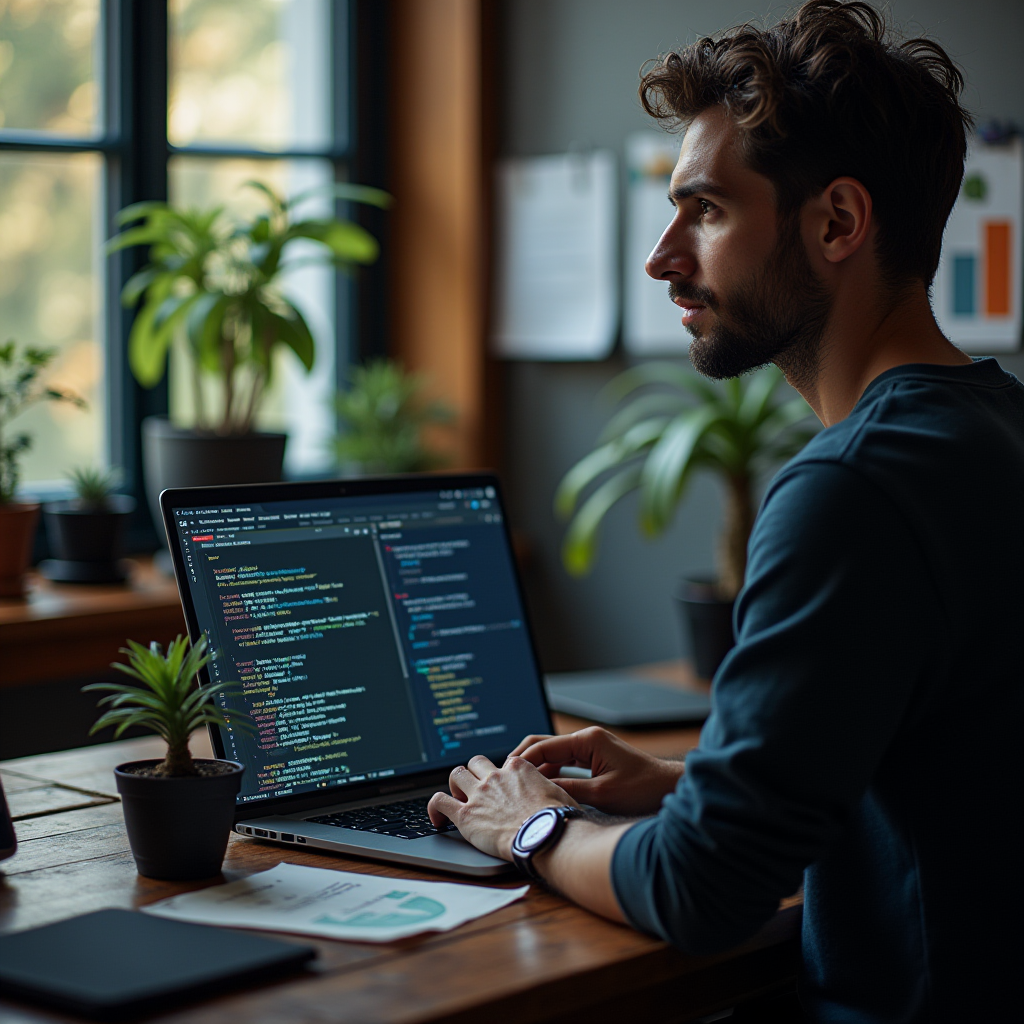 A man working on a laptop with programming code on the screen, surrounded by plants in a cozy room.