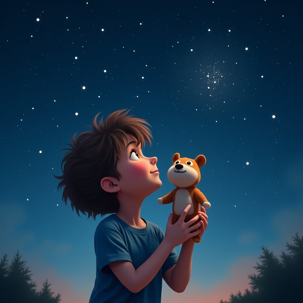 Little boy holding teddy bear under a starry sky. Star-filled background creates a mystical atmosphere. Boy looks up with wonder. Bear is friendly and inviting. A moment of connection and imagination.