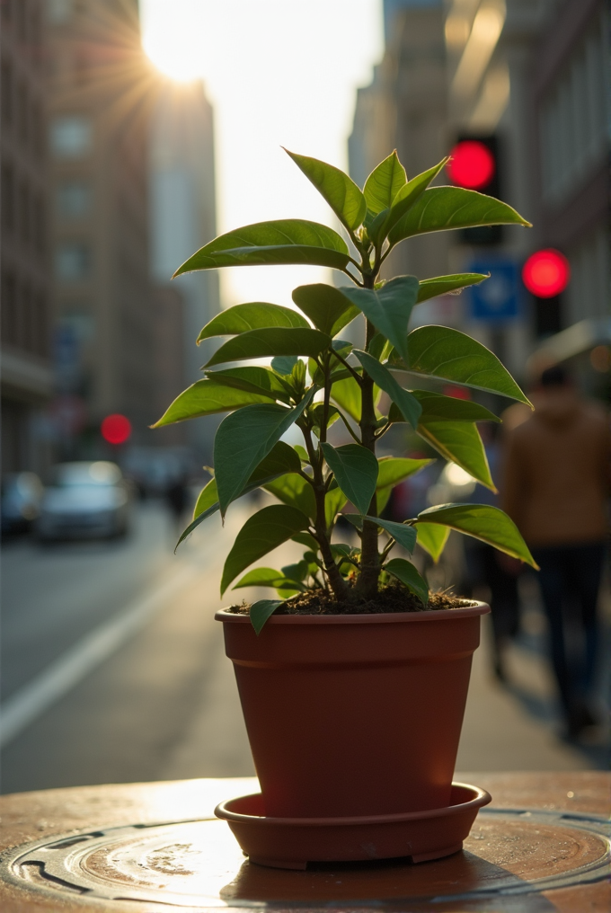 A vibrant potted plant sits on an urban street during sunset.