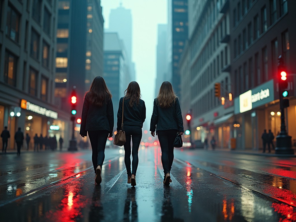 The image captures three women walking away down a city street on a rainy day. The wet pavement reflects the vibrant city lights and colors. The surrounding buildings cast a moody atmosphere. The women wear casual outfits and seem engaged in their own thoughts. It showcases a moment of urban life and the beauty of a rainy city environment.