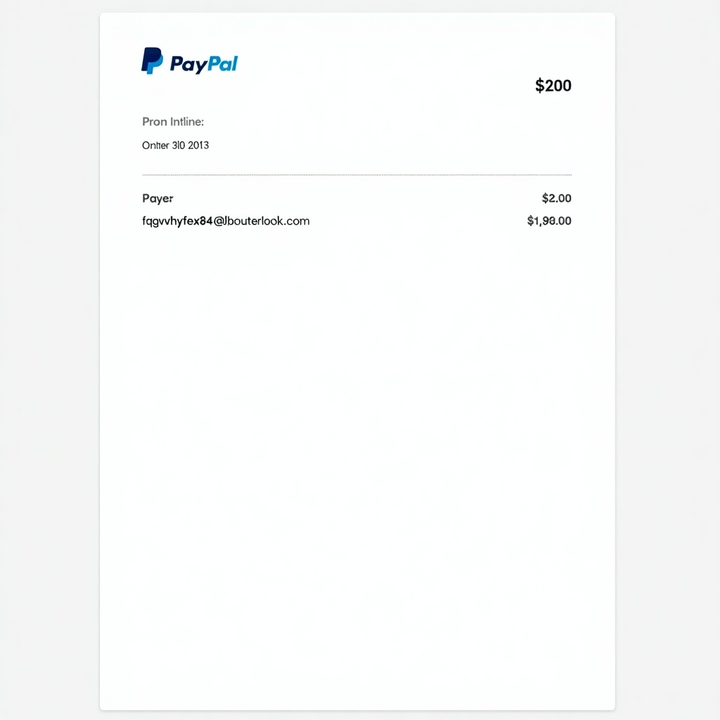 PayPal payment receipt showing transaction amount and payer details. Document includes PayPal logo and transaction number. Clean design suitable for online payments.